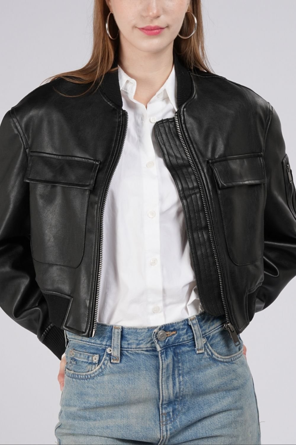 OUTTA BOX OUTTA BOX Women's Women's PU Leather Cropped Bomber Jacket in Black - 4