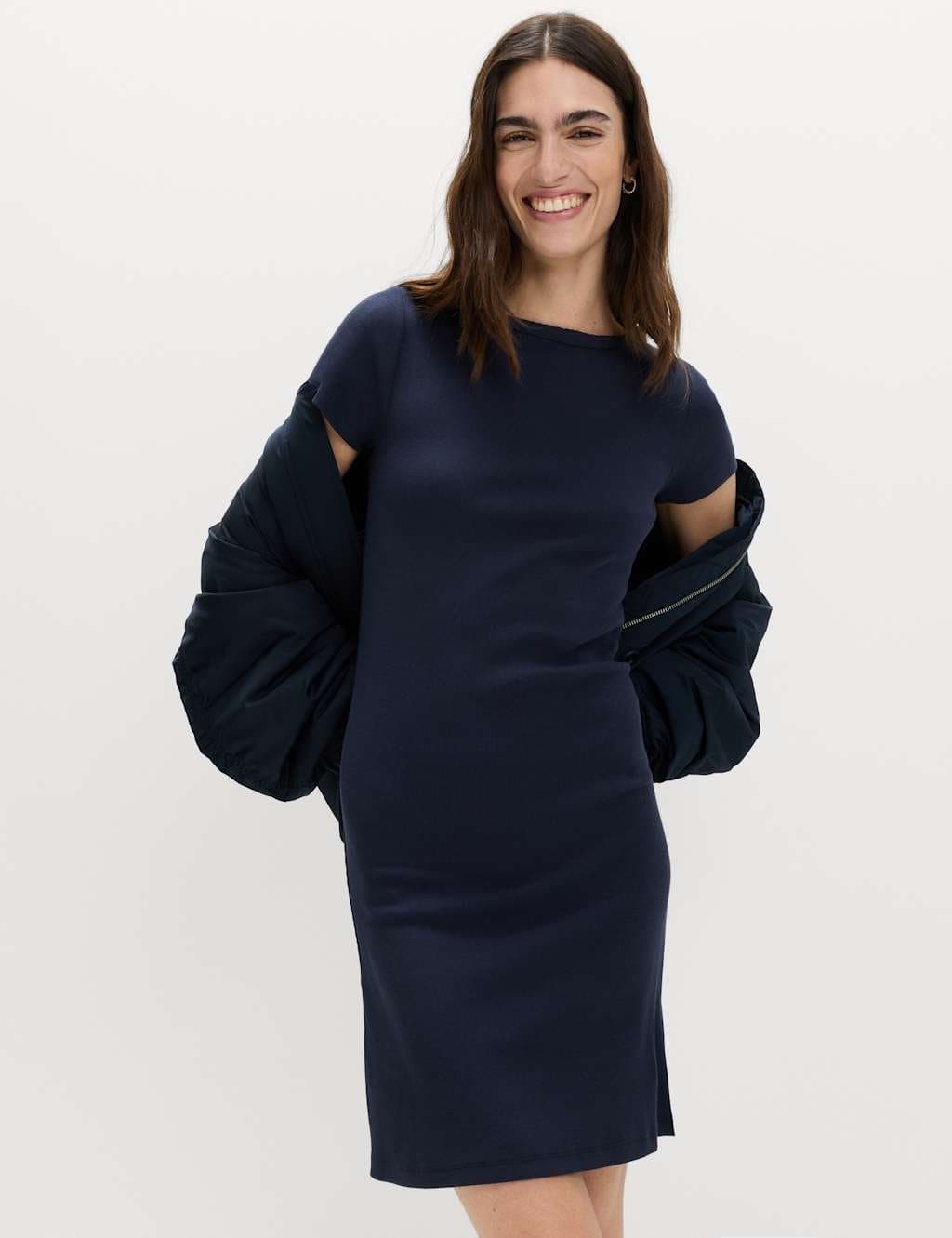 Marks & Spencer M&S Cotton Rich Slash Neck Mini Column Dress Navy