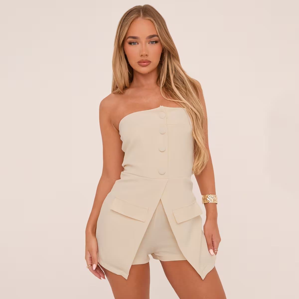 EGO Bandeau Button Front Tailored Playsuit In Stone, Women's Size UK 6