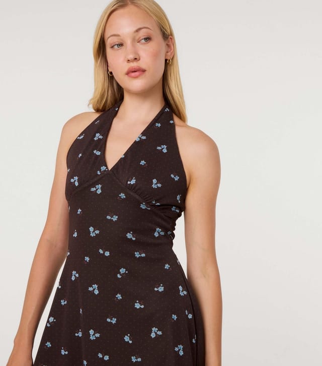 Pink Vanilla Women's Dark Brown Floral Dot Mesh Halter Neck Dress Pink Vanilla New Look - 3