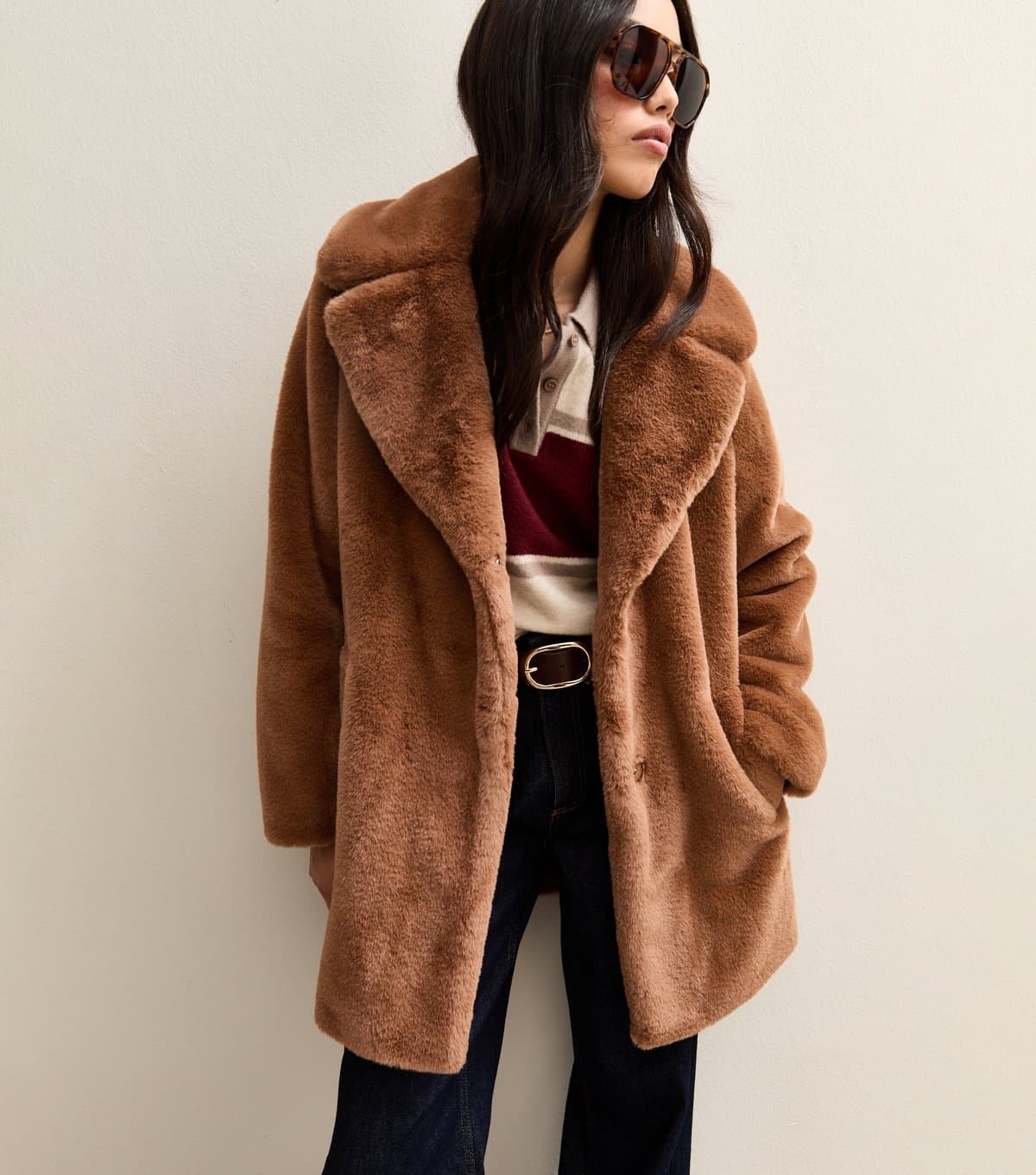 New Look Women's Tan Faux Fur Midi Coat New Look