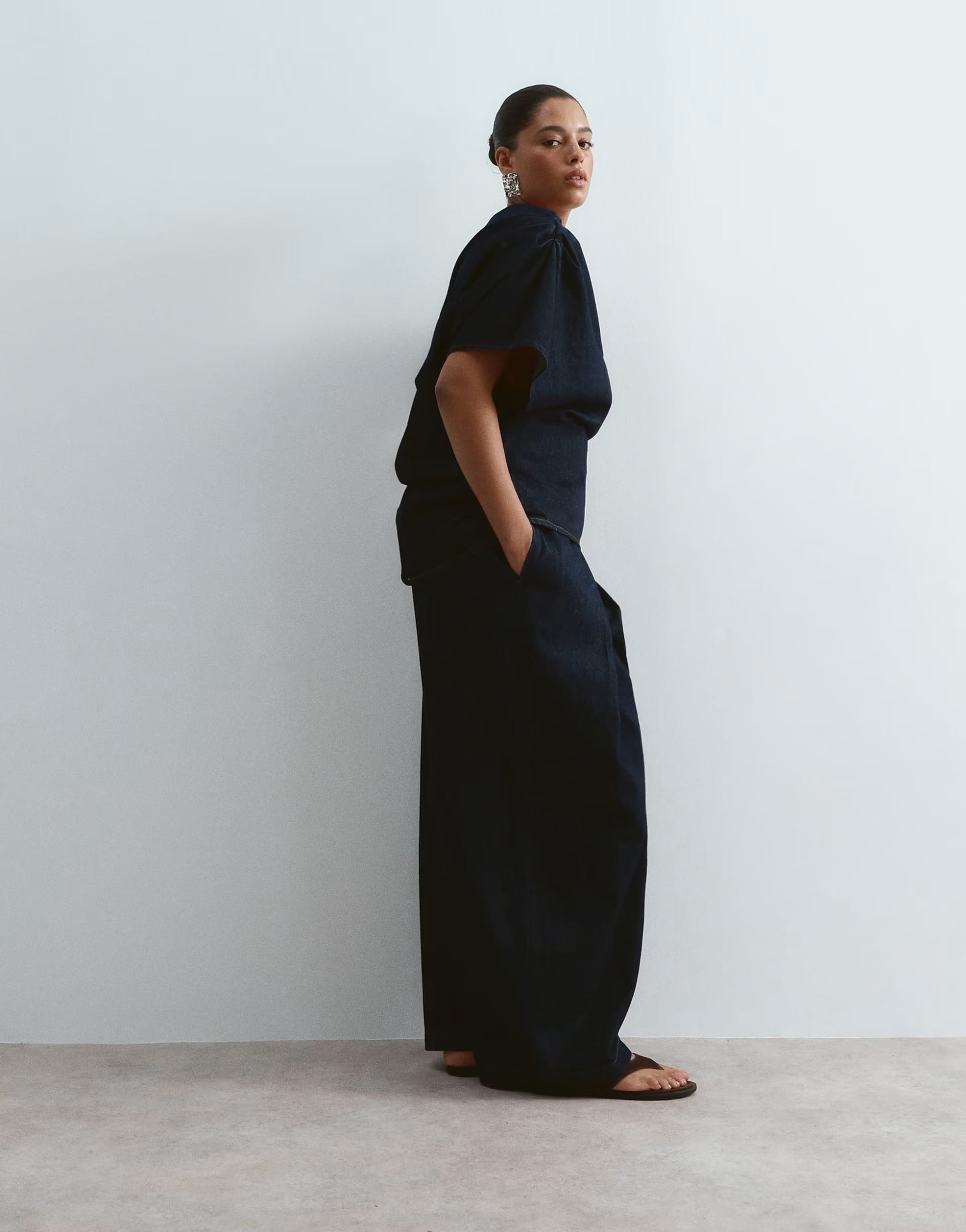 ASOS Curve Indigo Denim Off-Shoulder Pleat Waist Top and