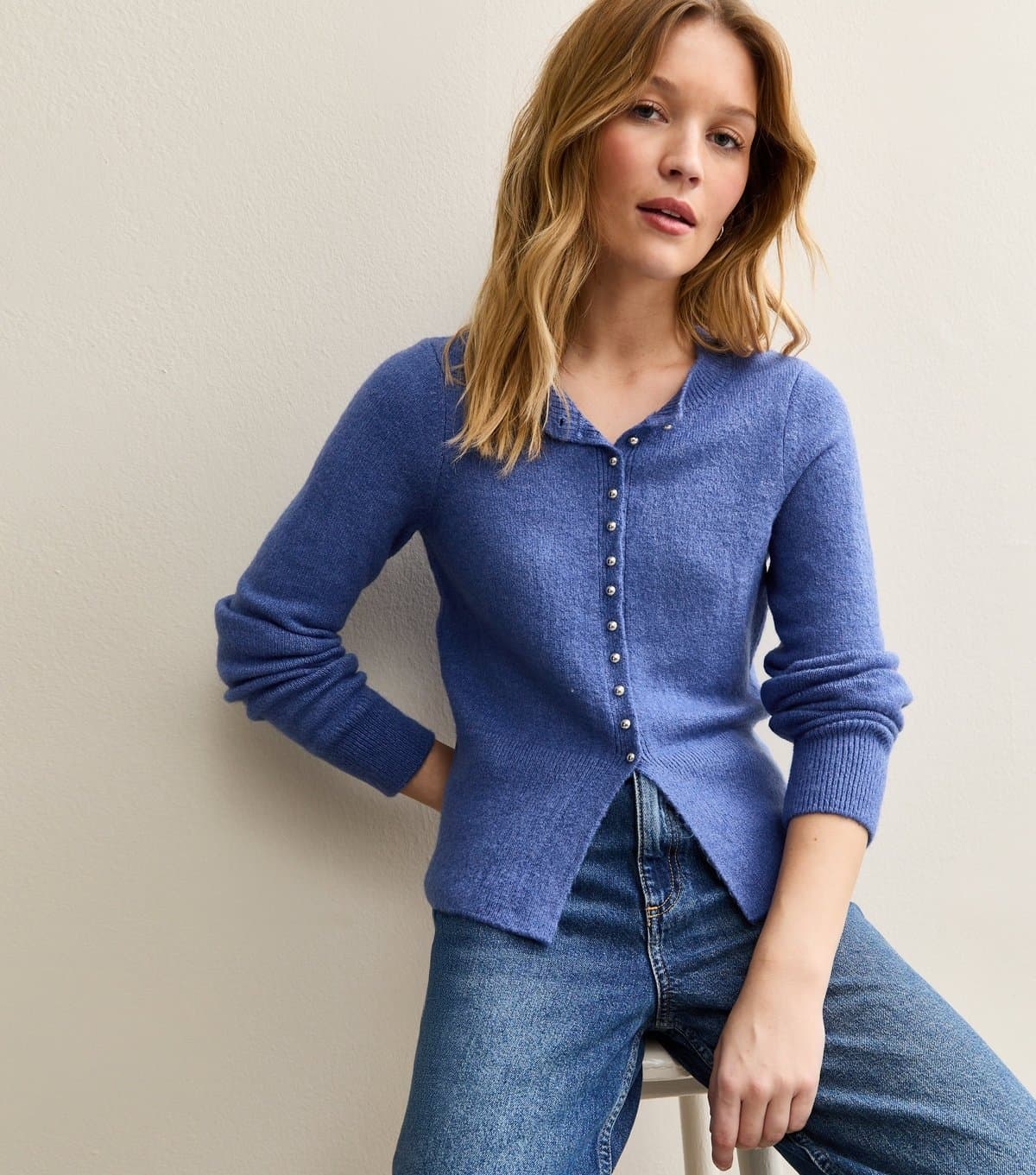 New Look Women's Bright Blue Dome Button Crew Neck Cardigan New Look