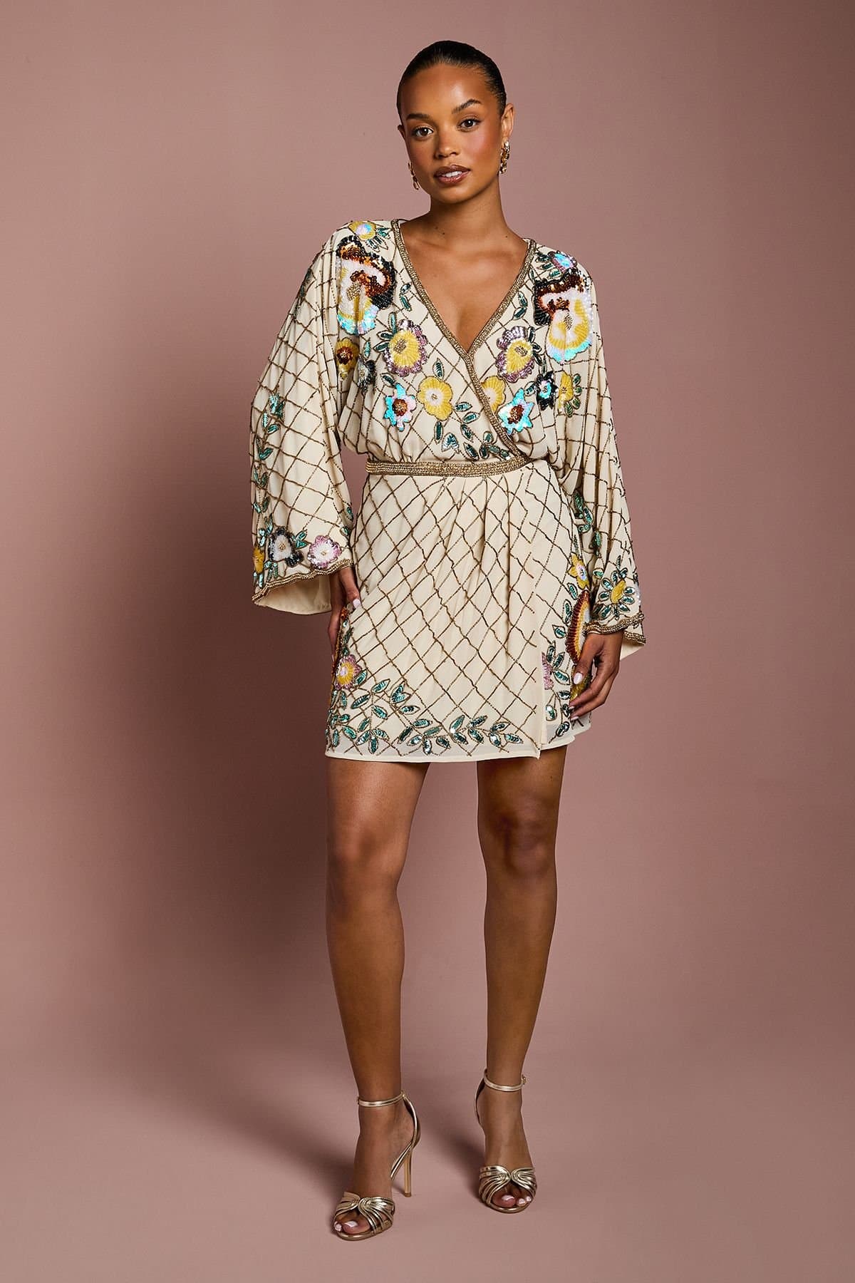 Coast Coast Women's Petite Wrap Top Floral Embellished Mini Dress in Champagne