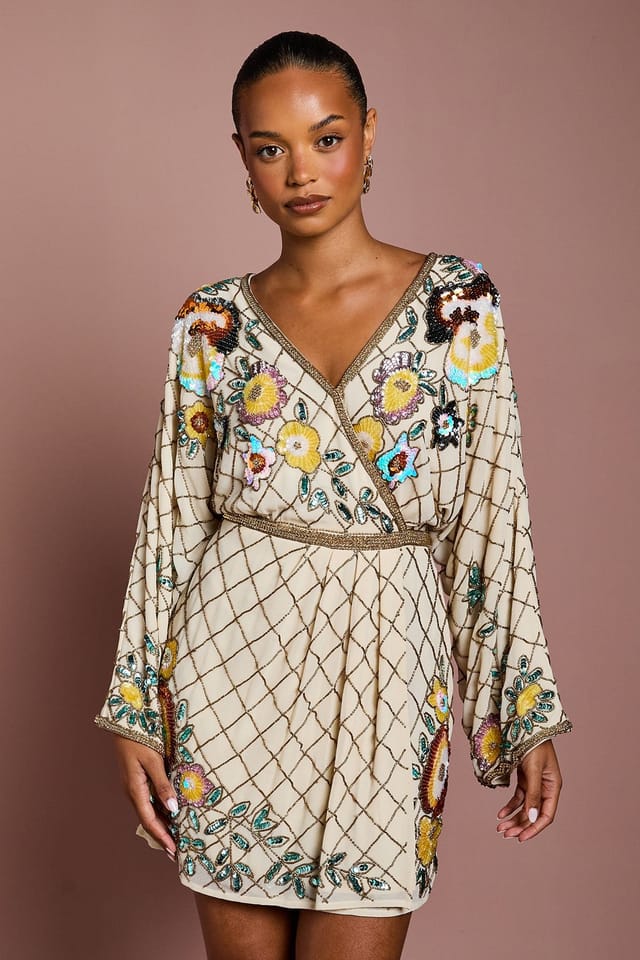 Coast Coast Women's Petite Wrap Top Floral Embellished Mini Dress in Champagne - 2