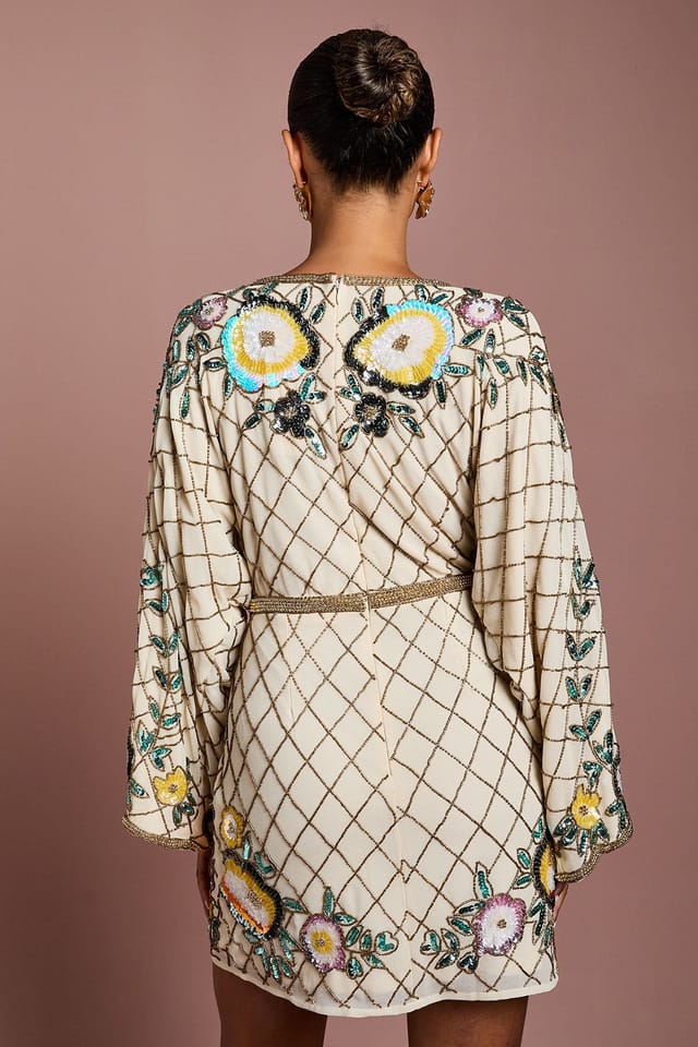 Coast Coast Women's Petite Wrap Top Floral Embellished Mini Dress in Champagne - 3