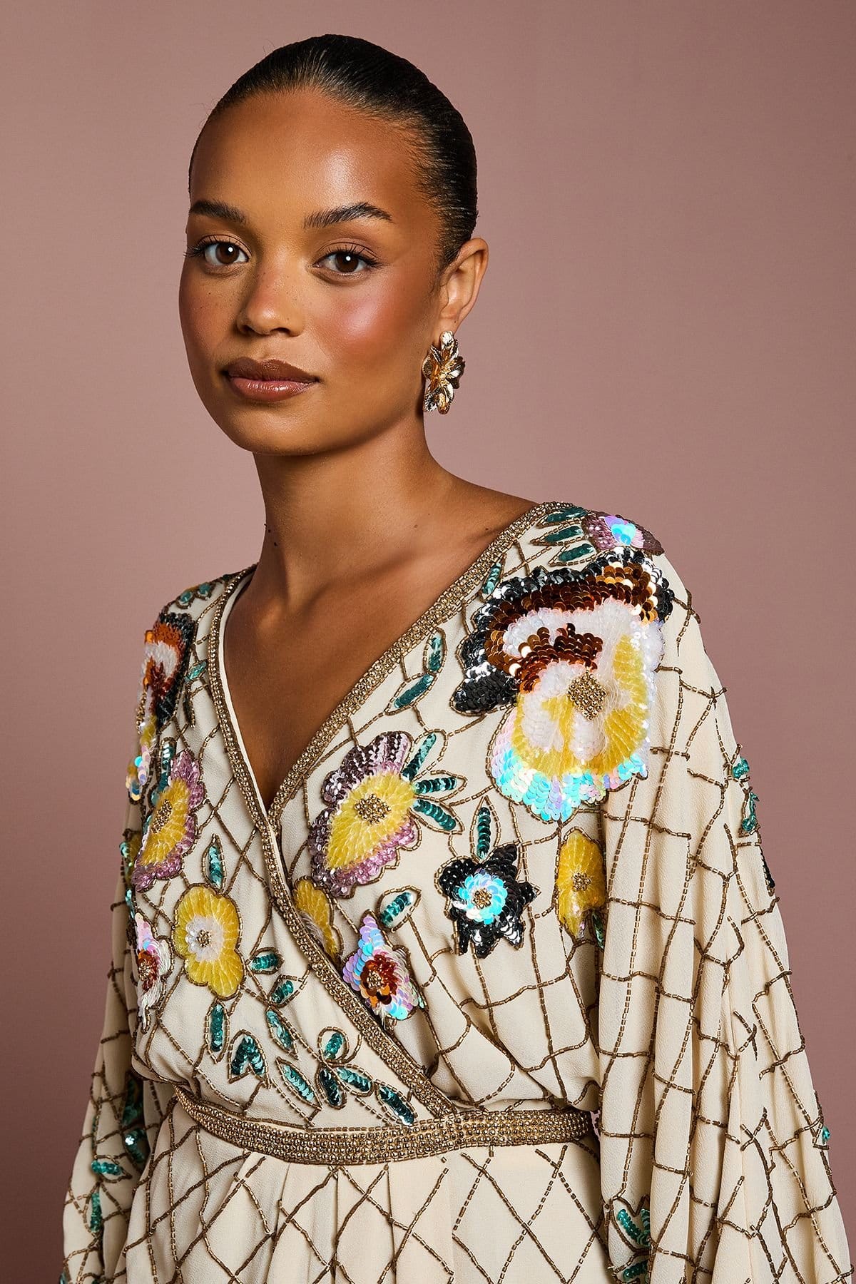 Coast Coast Women's Petite Wrap Top Floral Embellished Mini Dress in Champagne - 4