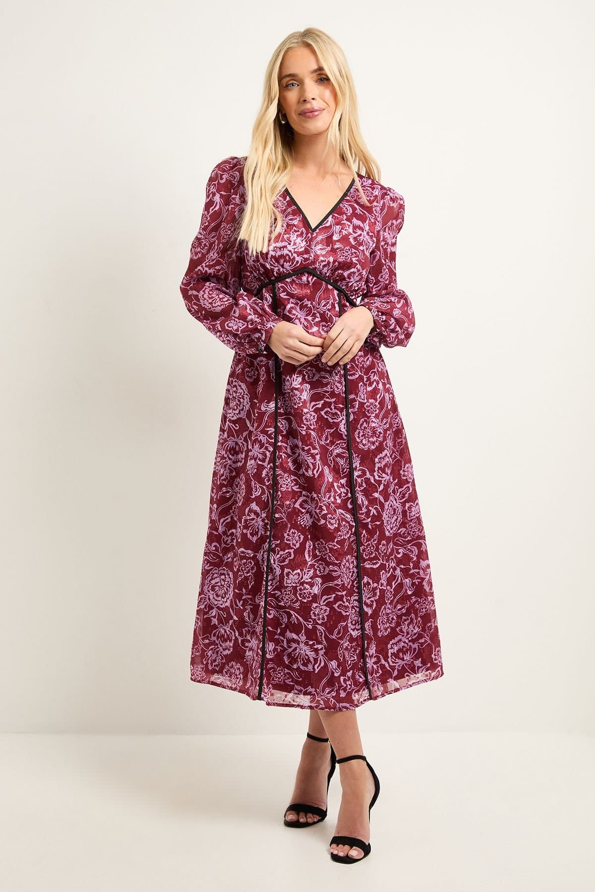 Wallis Wallis Women's Petite Floral Jacquard Seam Detail Midi Dress in Plum