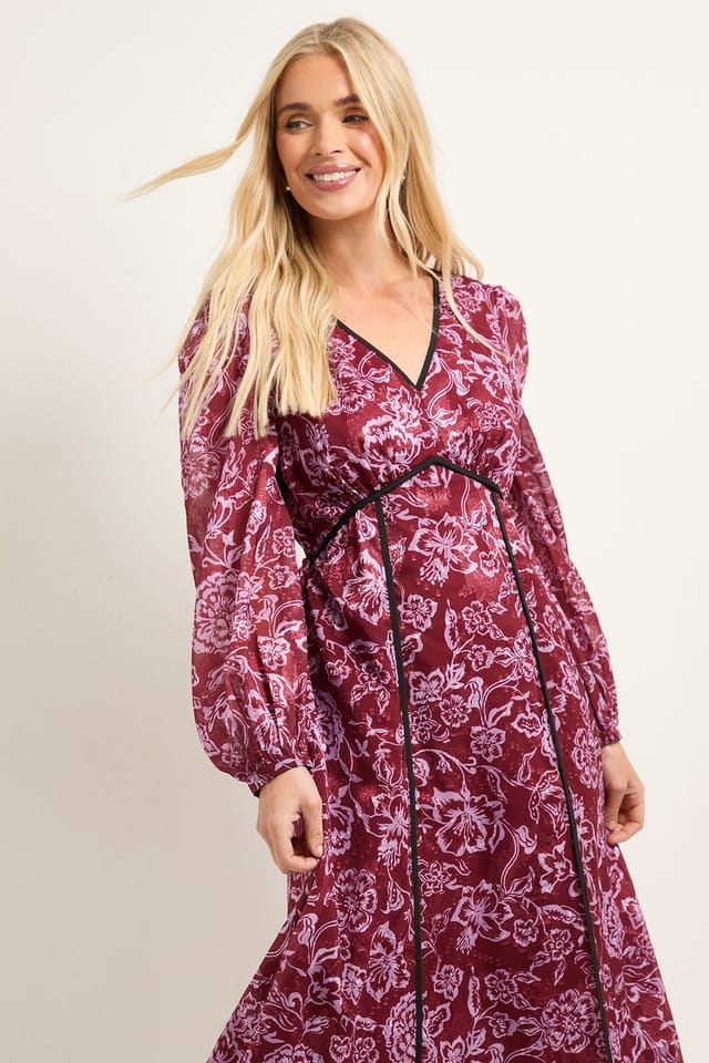 Wallis Wallis Women's Petite Floral Jacquard Seam Detail Midi Dress in Plum - 2