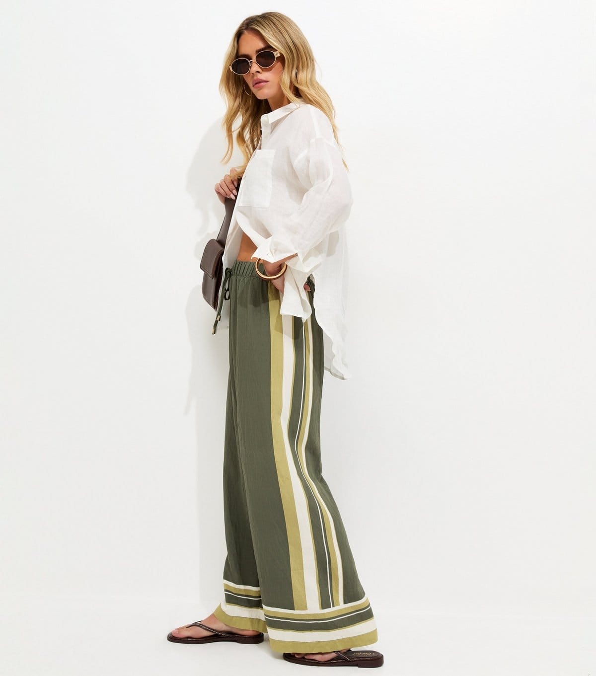 Women's Petite Green Striped Border Wide Leg Trousers New Look