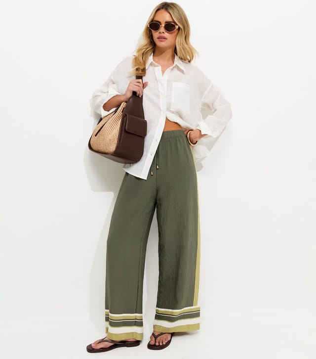New Look Women's Petite Green Striped Border Wide Leg Trousers New Look - 2