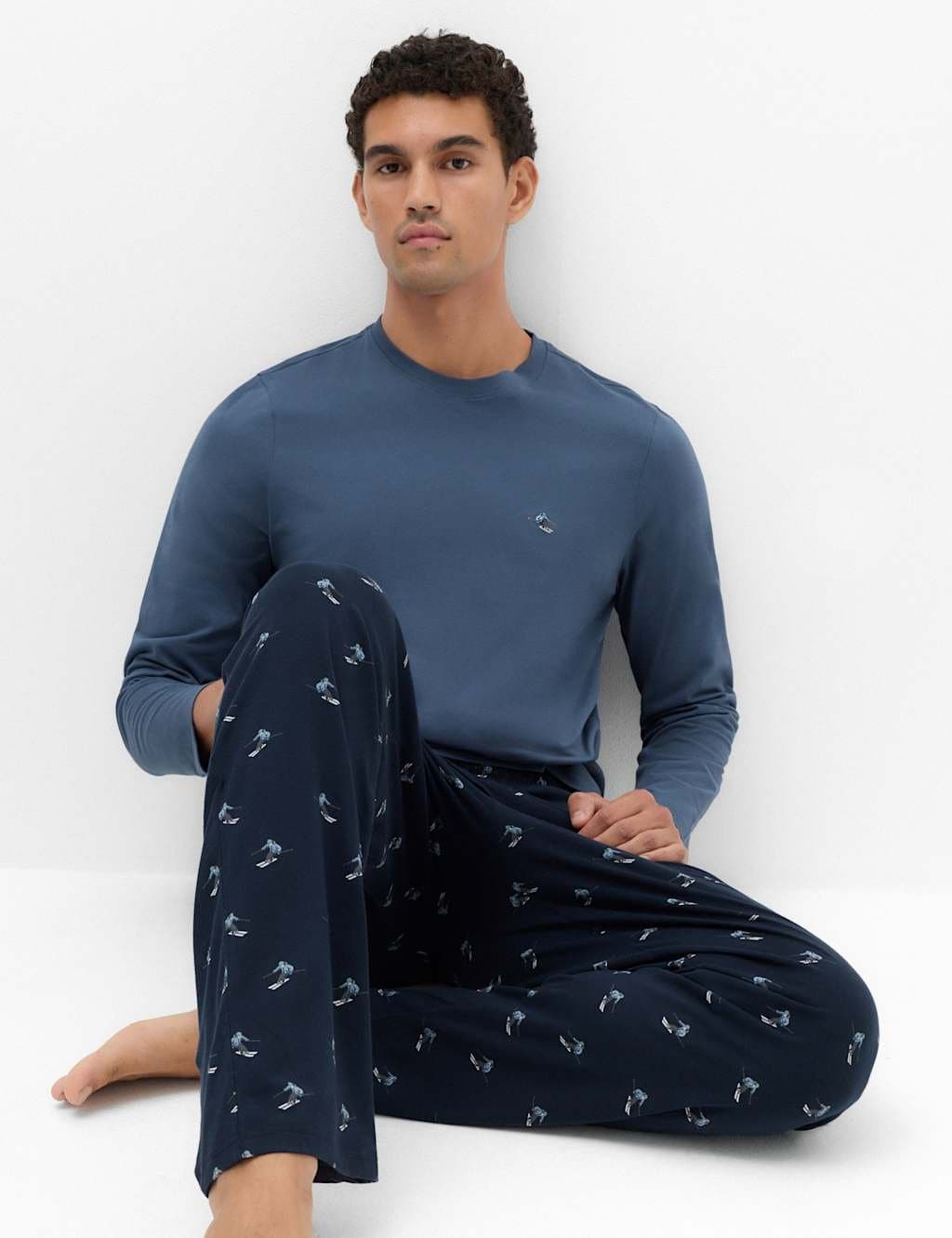 Marks & Spencer M&S Pure Cotton Ski Print Pyjama Set Navy Mix
