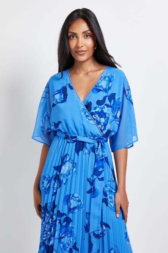 Wallis Wallis Women's Petite Floral Pleated Midi Dress in Blue - 2