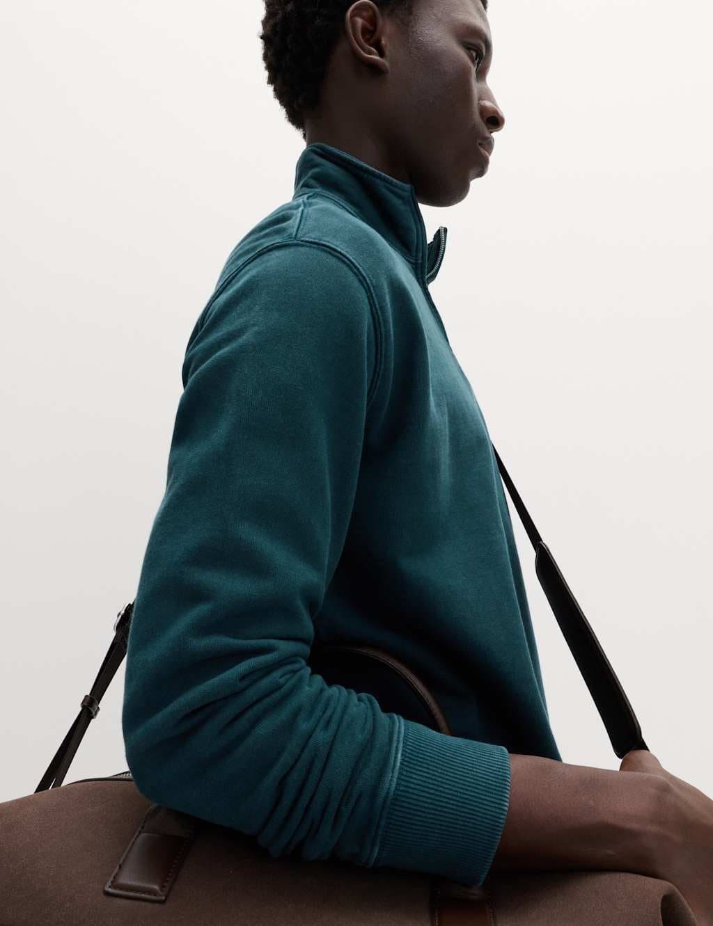 Marks & Spencer M&S Pure Cotton Garment Dye Half Zip Sweatshirt Dark Petrol