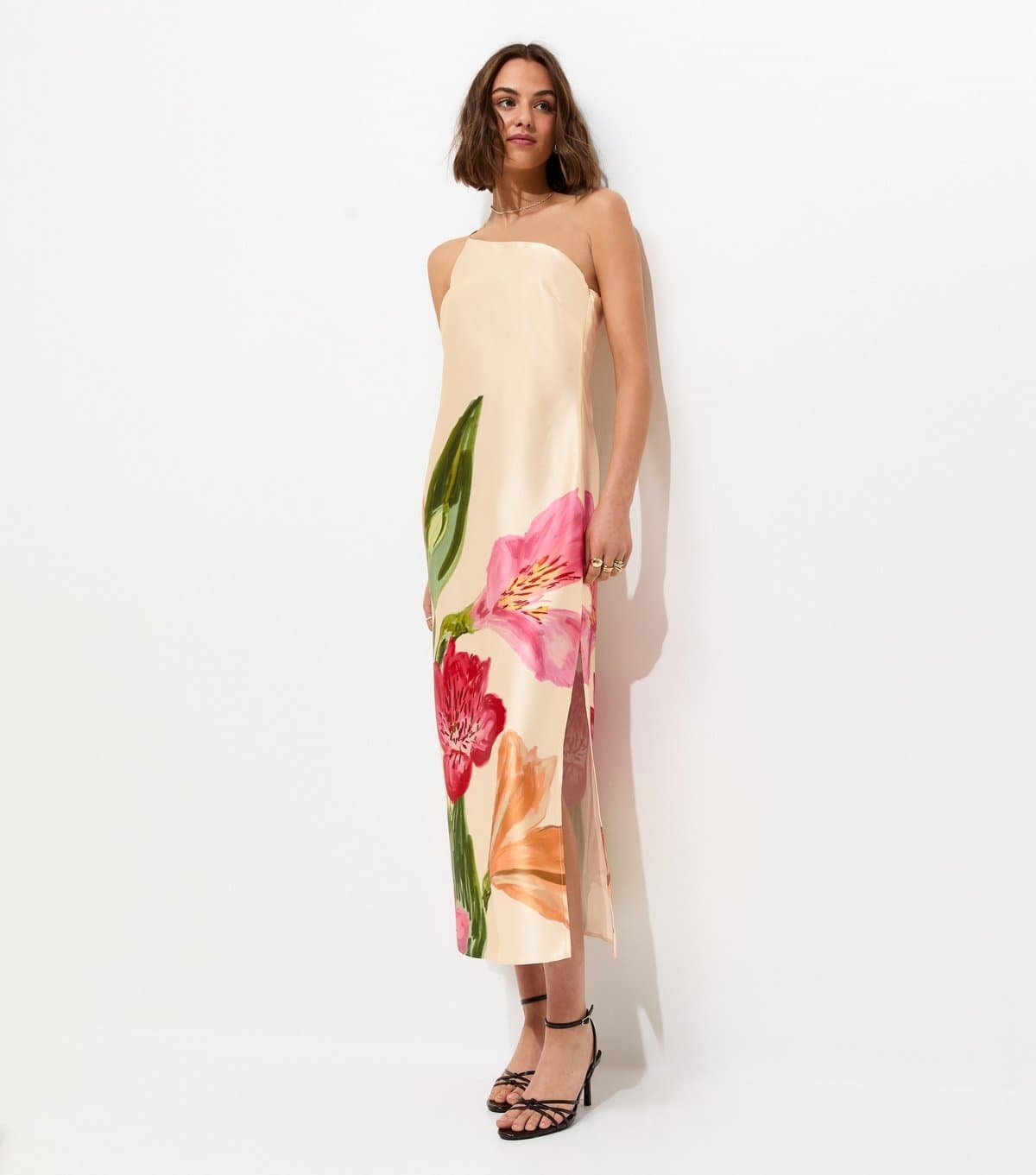 New Look Women's Cream Satin Floral One Shoulder Midi Dress New Look