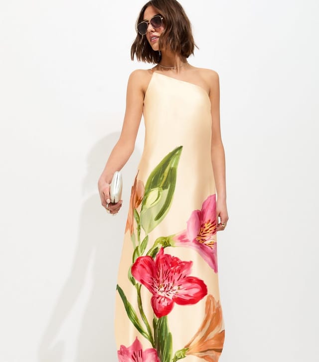 New Look Women's Cream Satin Floral One Shoulder Midi Dress New Look - 3