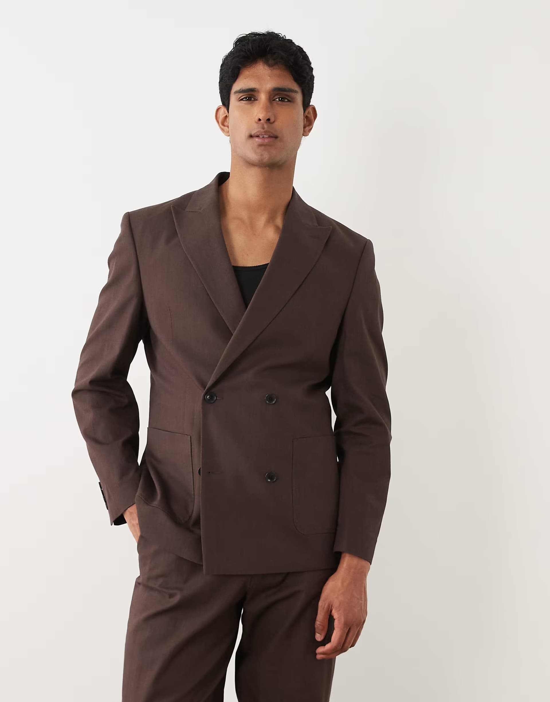ASOS ASOS DESIGN 100% cotton linen look regular fit double breasted suit blazer in brown