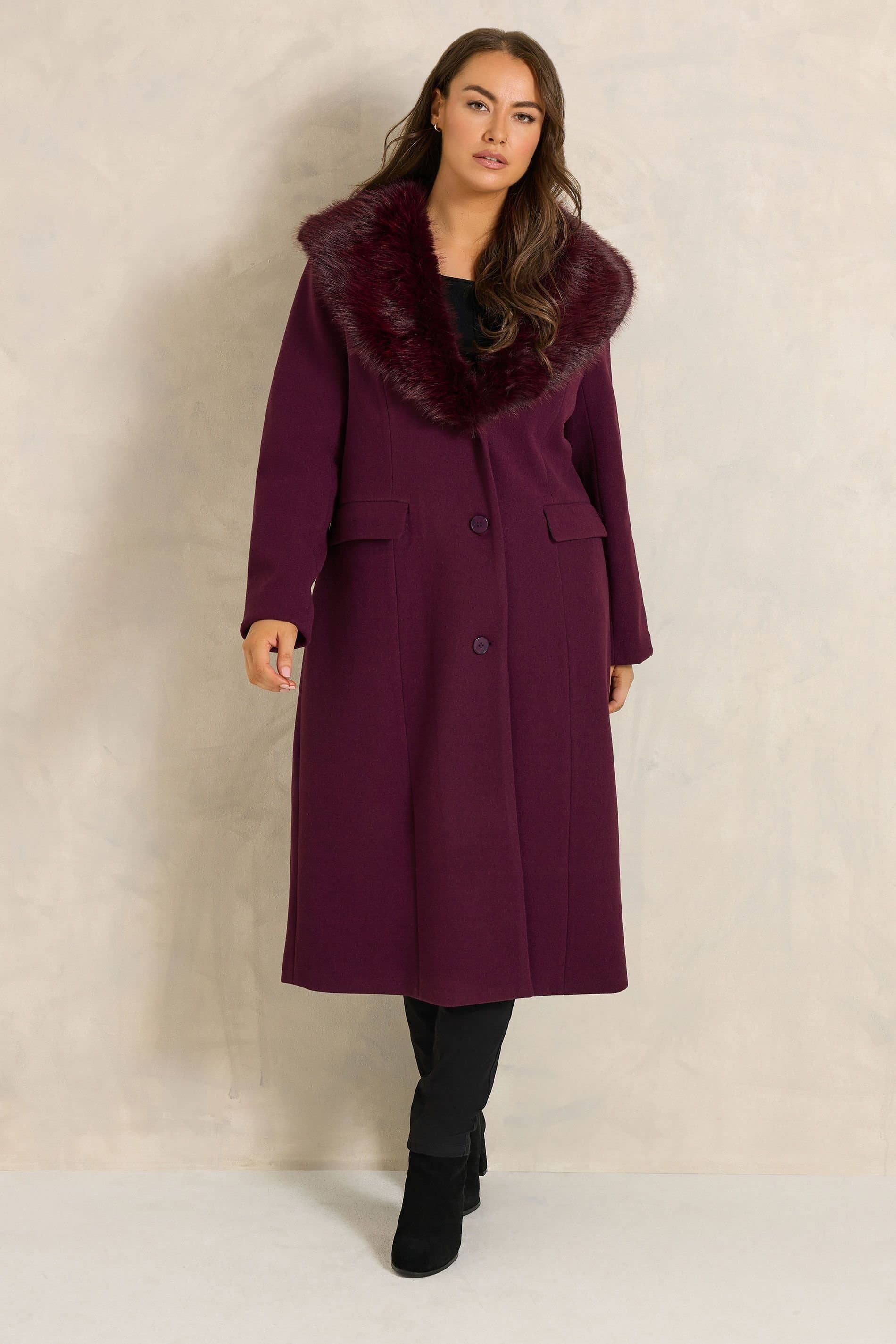 Evans Evans Women's Faux Fur Longline Coat in Burgundy