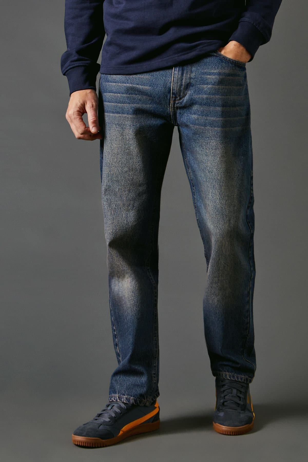 Maine Maine Men's Dark Vintage Wash Straight Leg Jeans in Dark Blue