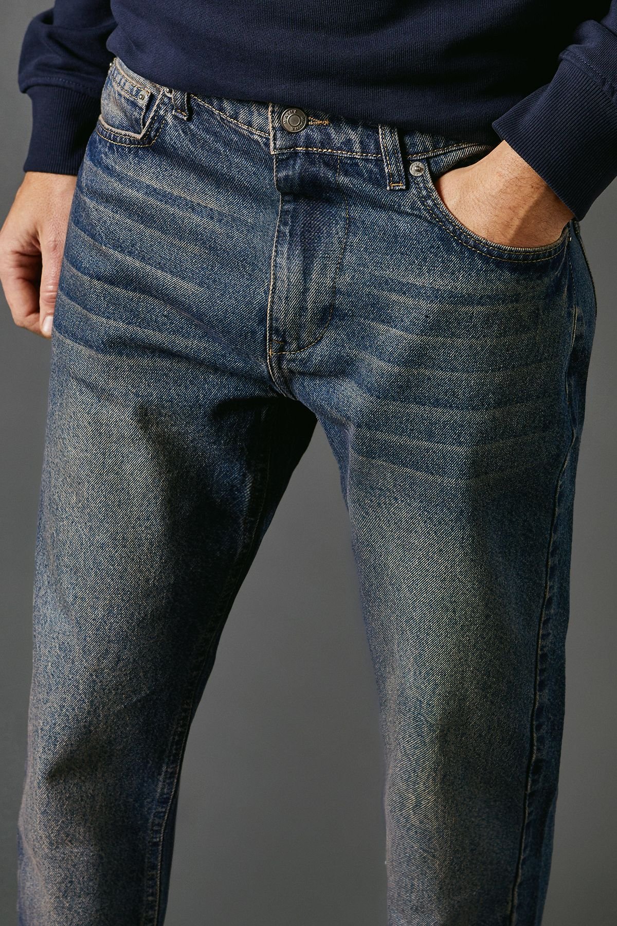 Maine Maine Men's Dark Vintage Wash Straight Leg Jeans in Dark Blue - 4