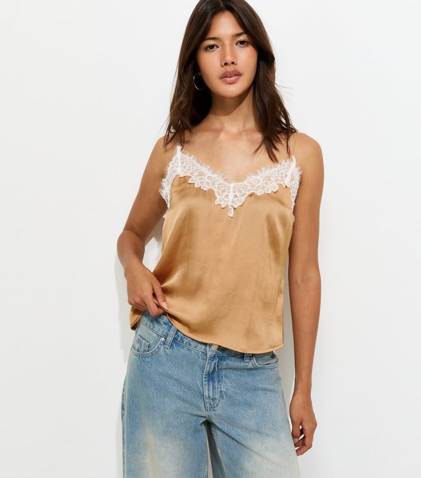 New Look Women's Light Mink Satin Lace Trim V-Neck Cami Top New Look - 1