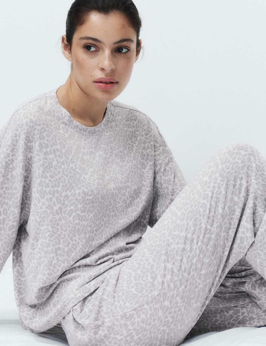 Marks & Spencer M&S Cosy Knit Printed Cuffed Pyjama Set Grey Mix