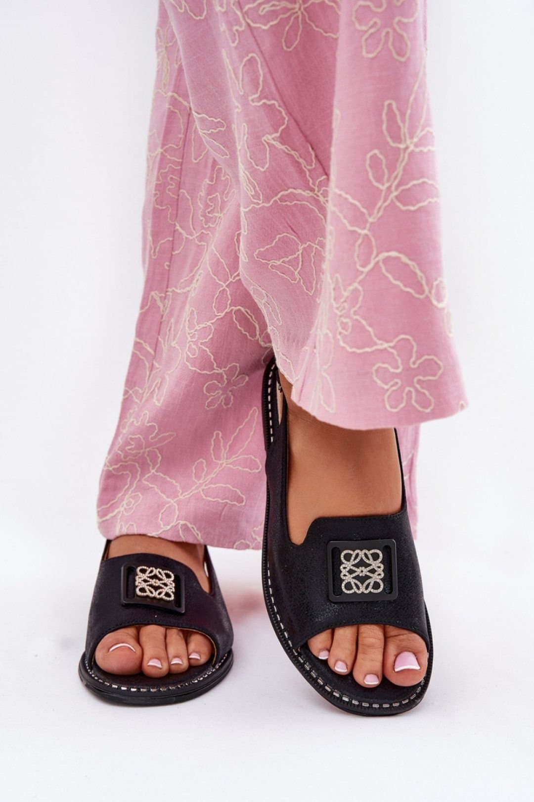 Love Lace Love Lace Women's Flat Buckle Sandals with Natural Insole Comfort in Black