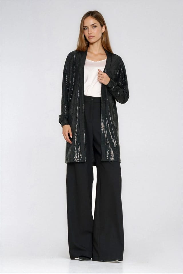 Love Lace Love Lace Women's Stylish Oversized Sequin Cardigan Throw in Black - 2