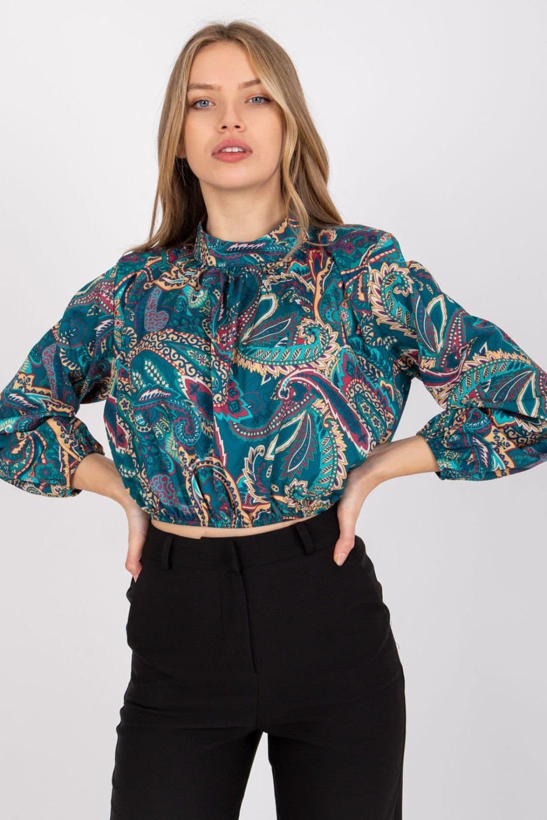Love Lace Love Lace Women's Everyday Stand Collar Short Blouse Long Sleeve in Green