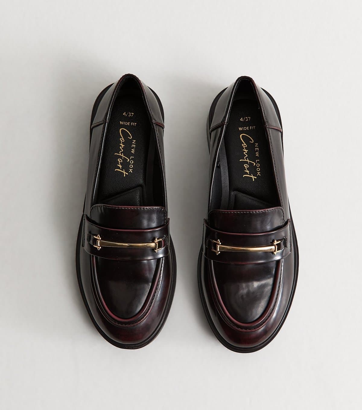 New Look Women's Wide Fit Dark Burgundy Faux Leather Burnished Loafers Vegan New Look