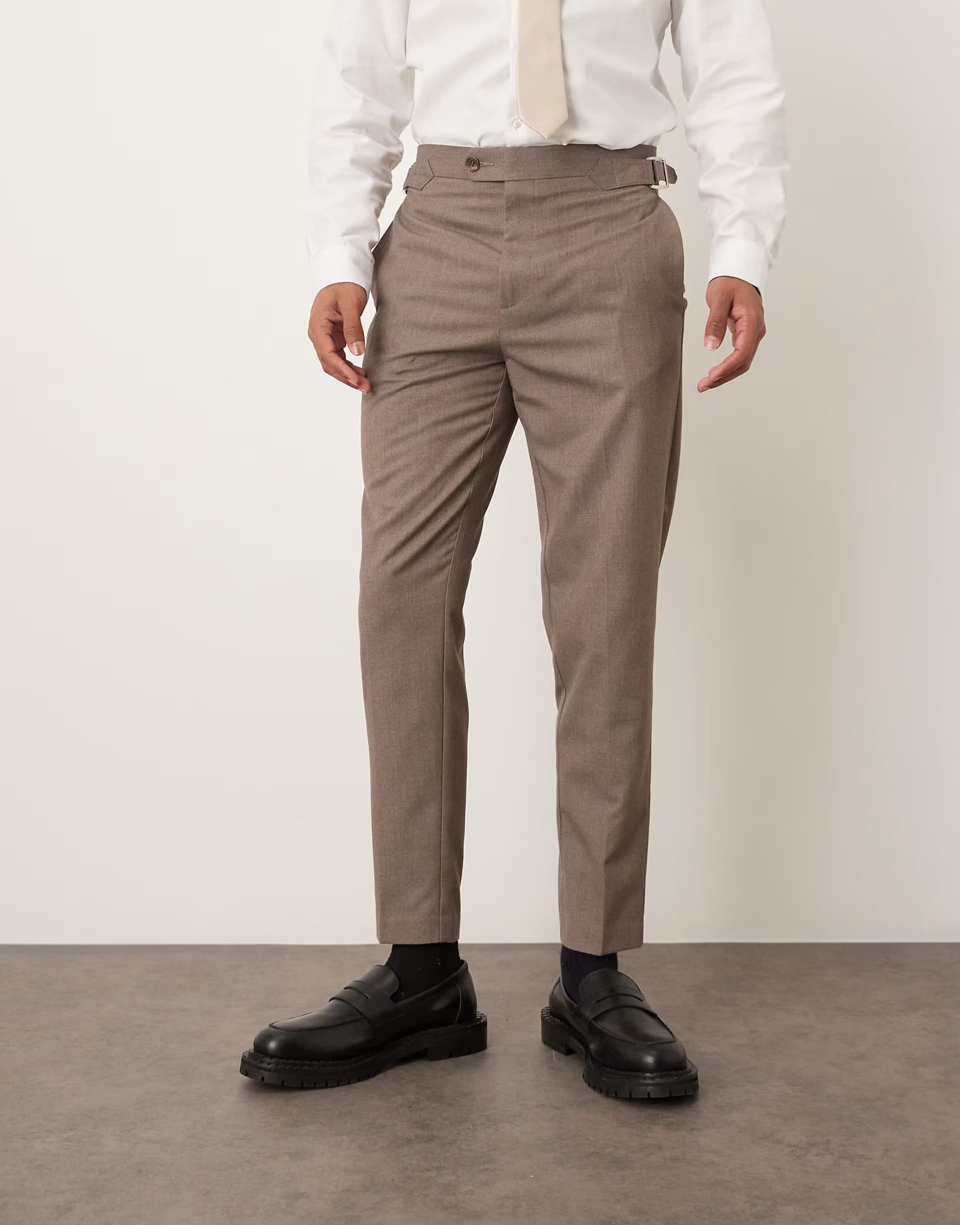 ASOS Beige Flannel Tapered Trousers with Side Adjusters