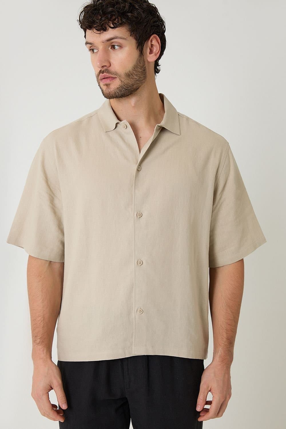 Threadbare threadbare Men's Boxy Fit Linen Blend Short Sleeve Shirt in Stone