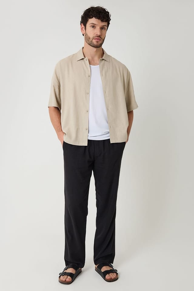 Threadbare threadbare Men's Boxy Fit Linen Blend Short Sleeve Shirt in Stone - 3
