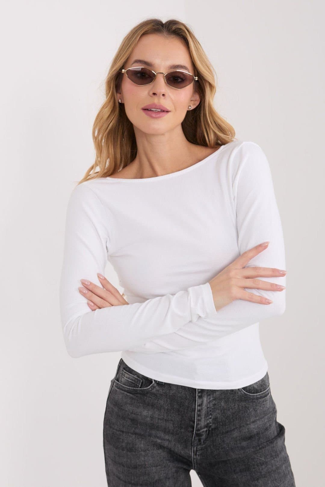 Love Lace Love Lace Women's Fitted Long Sleeve Cotton Blouse Boat Neck in White