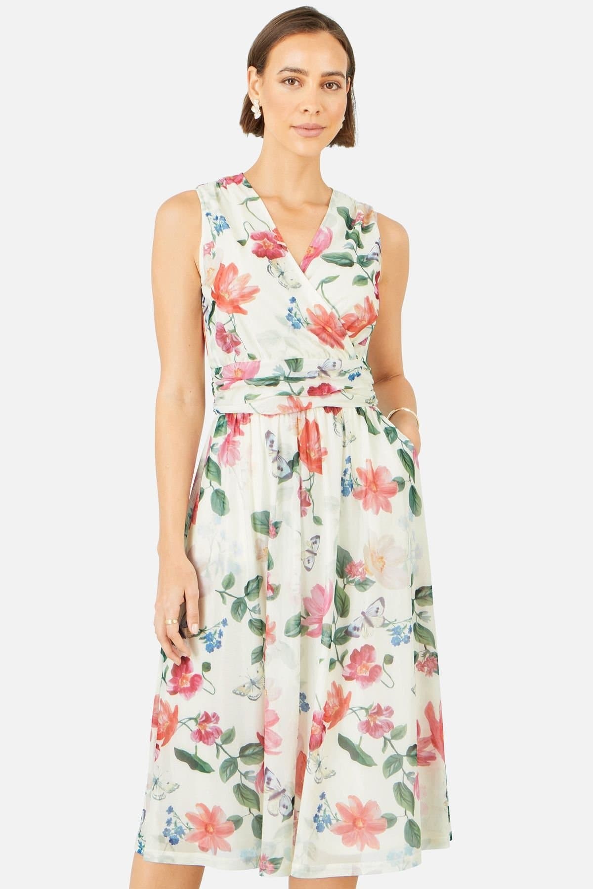 Yumi Yumi Women's Blurred Floral Mesh Wrap Midi Dress in Warm White