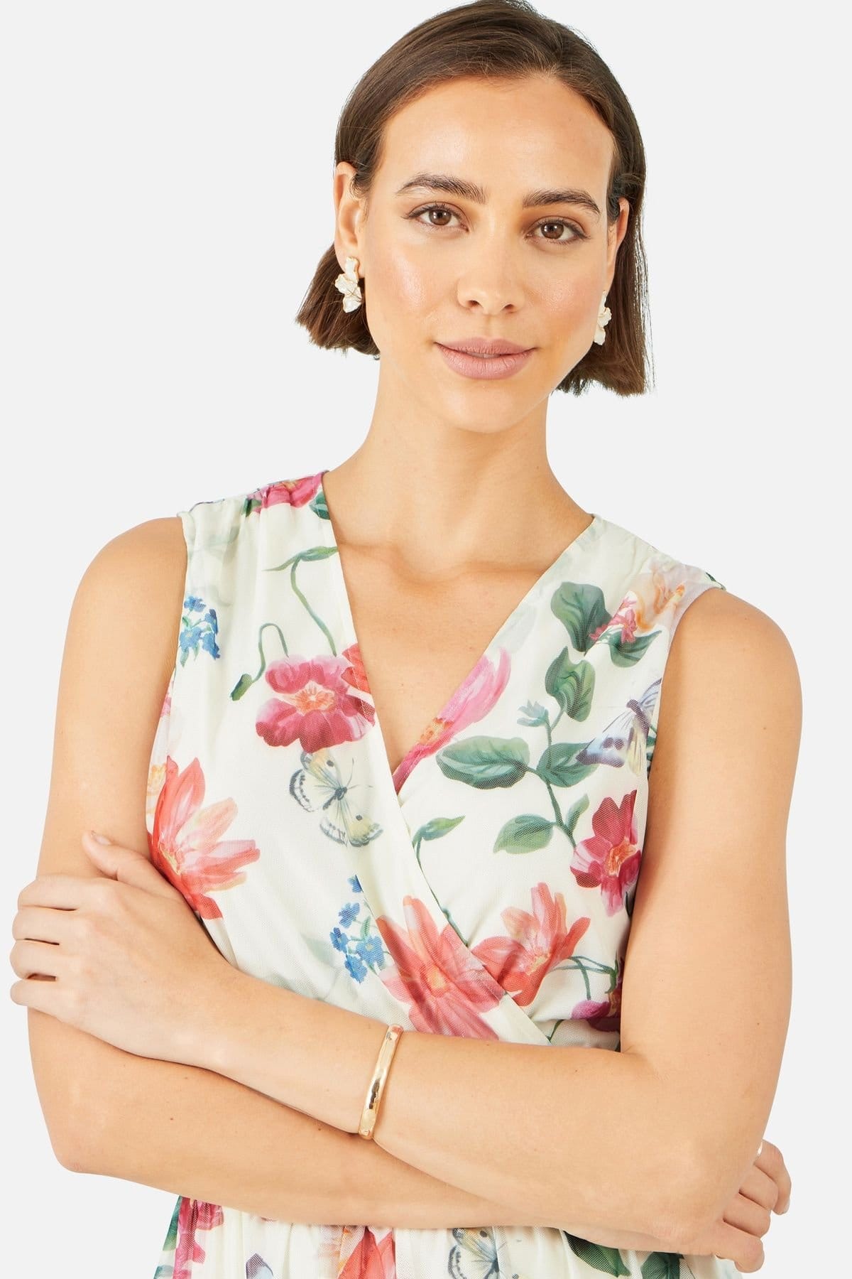 Yumi Yumi Women's Blurred Floral Mesh Wrap Midi Dress in Warm White - 4