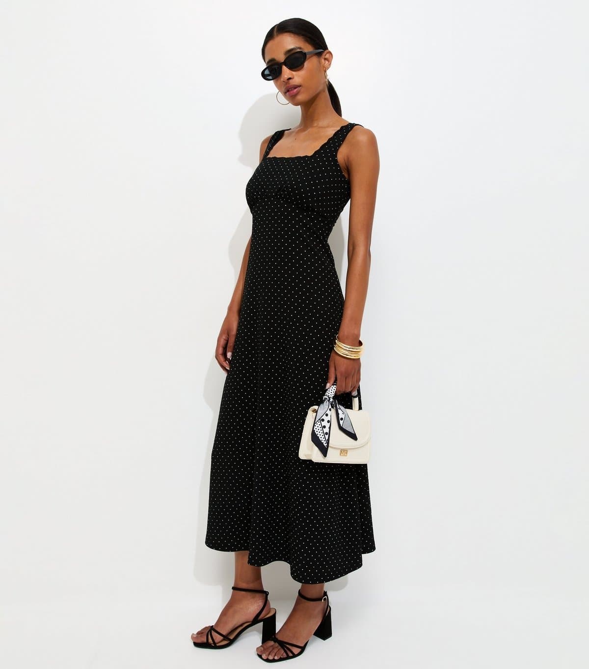 New Look Women's Black Crinkle Texture Polka Dot Print Square Neck Lace Trim Midi Dress New Look