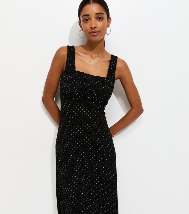 New Look Women's Black Crinkle Texture Polka Dot Print Square Neck Lace Trim Midi Dress New Look - 2