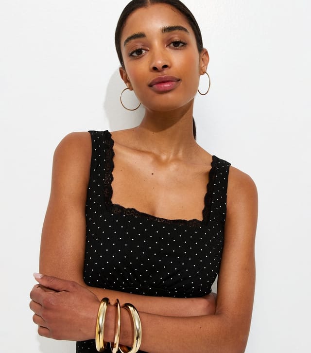 New Look Women's Black Crinkle Texture Polka Dot Print Square Neck Lace Trim Midi Dress New Look - 3