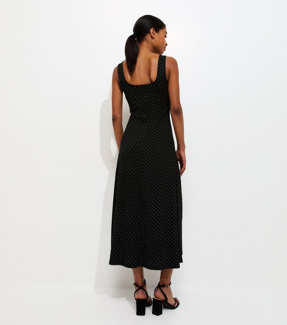 New Look Women's Black Crinkle Texture Polka Dot Print Square Neck Lace Trim Midi Dress New Look - 4