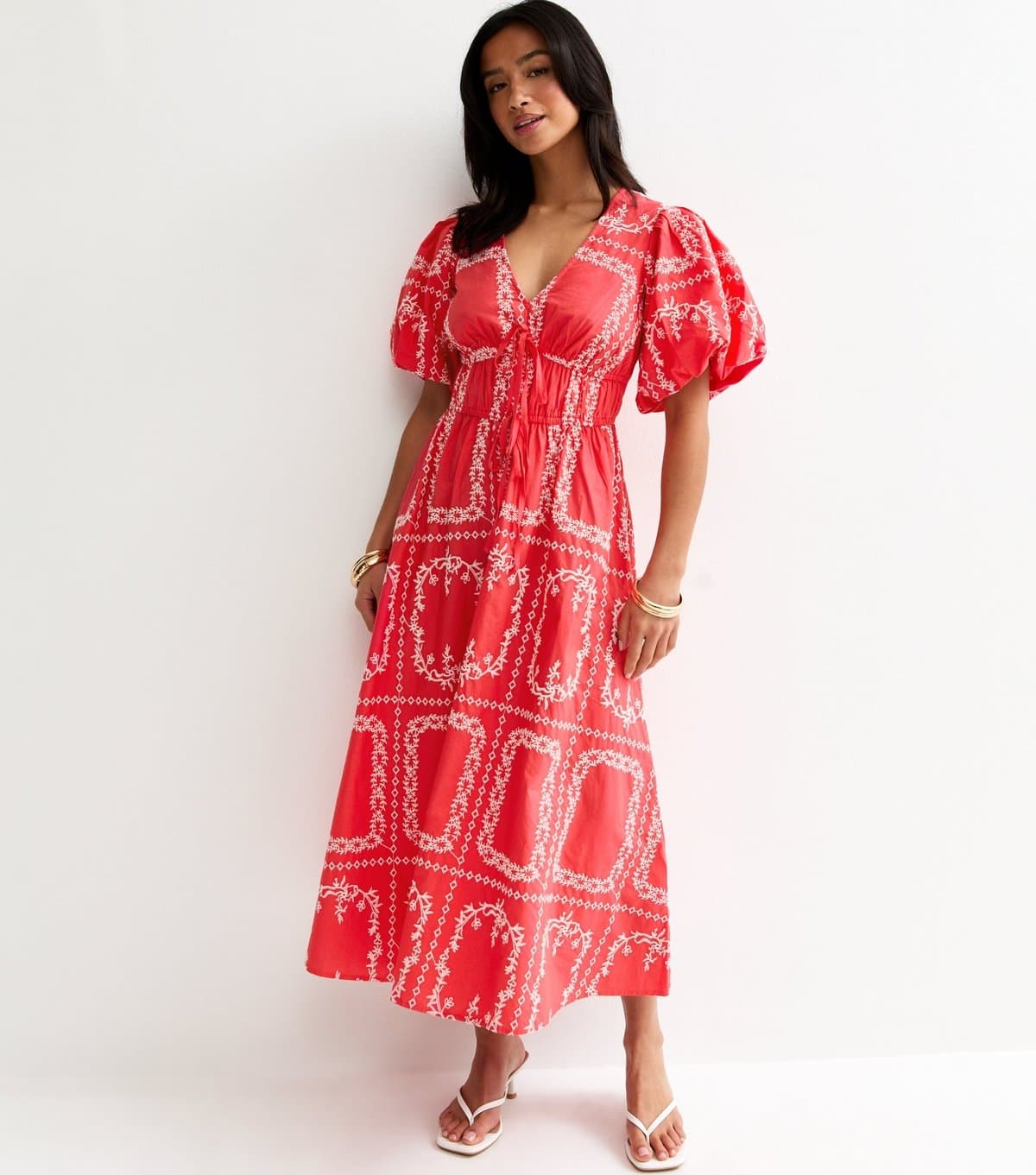 New Look Women's Petite Orange Embroidered V-Neck Midi Dress New Look