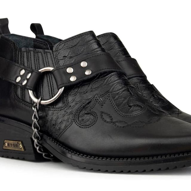 Etor Etor Men's Real Leather Cowboy Cuban Heel Shoes in Black - 3