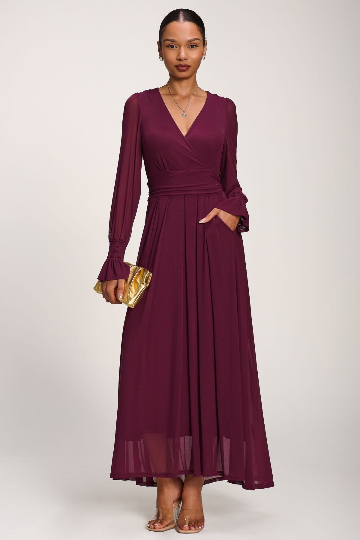Jolie Moi Jolie Moi Women's Long Sleeve Mesh Maxi Dress in Purple - 4