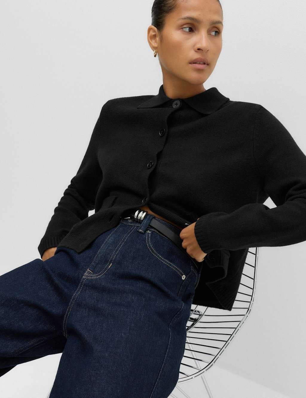 Marks & Spencer M&S Air-Yarn Collared Relaxed Cropped Cardigan Black