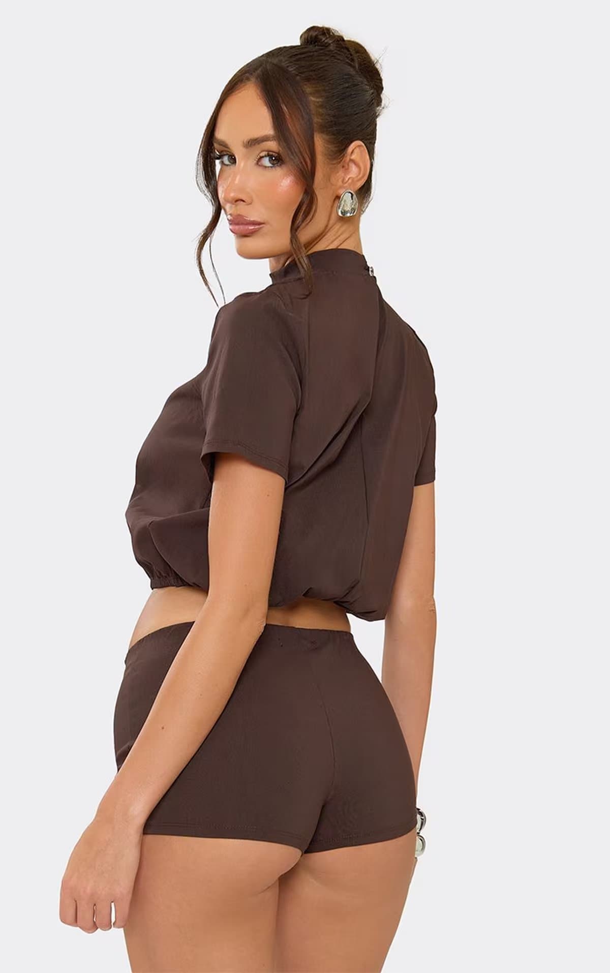 EGO Short Sleeve Puffball Crop Top In Chocolate Brown, Women's Size UK 6