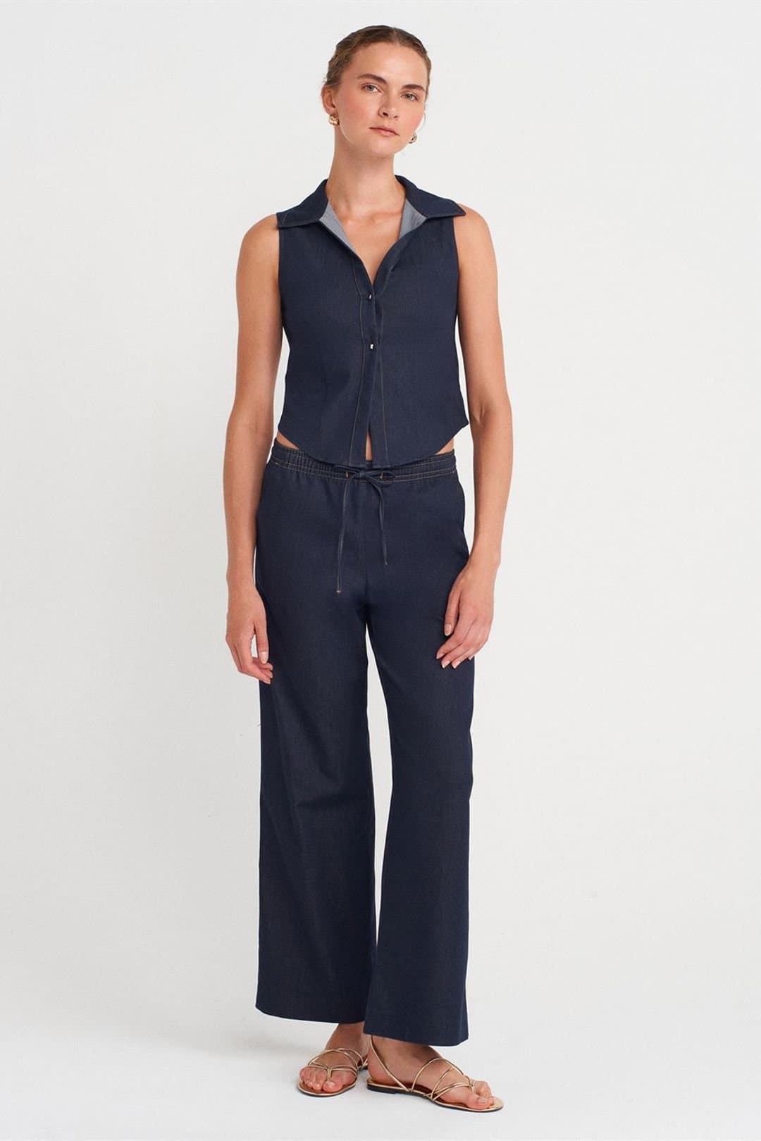 Dilvin Dilvin Women's Wide-Leg Woven Trousers With Drawstring Waist in Navy