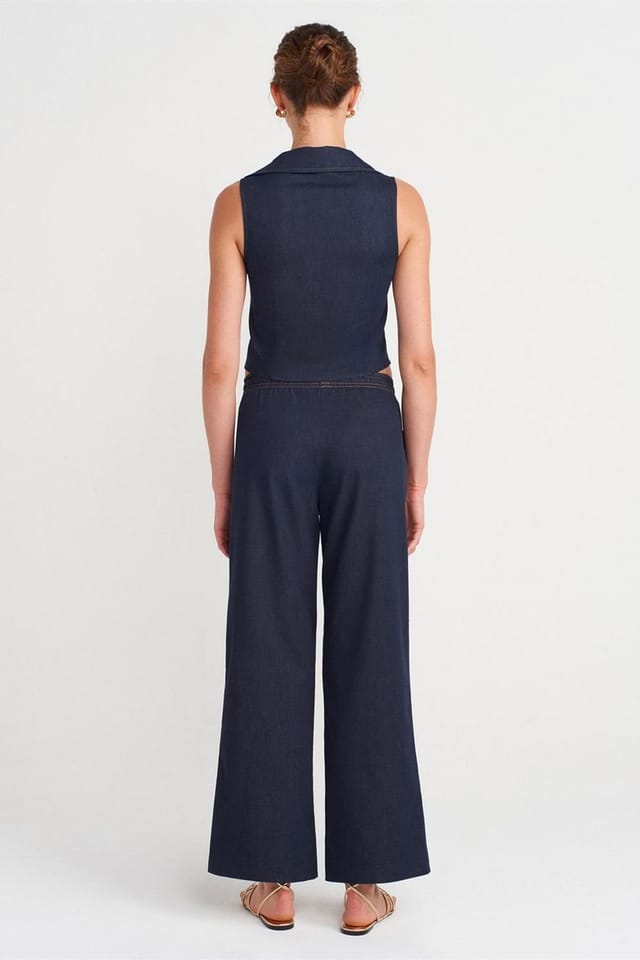 Dilvin Dilvin Women's Wide-Leg Woven Trousers With Drawstring Waist in Navy - 2