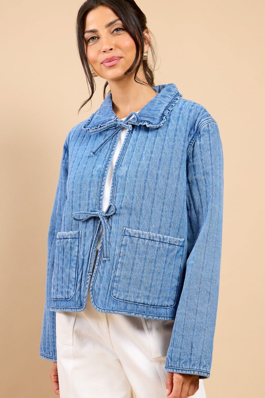 Little Mistress Little Mistress Women's Denim Quilted Tie Detail Jacket by Vicky Pattison in Blue