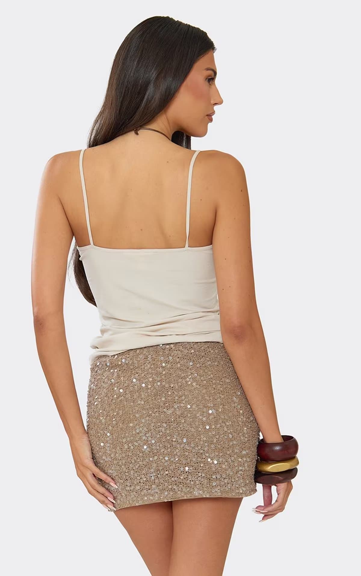 EGO Mid Rise Mini Skirt In Beige Sequin, Women's Size UK 4