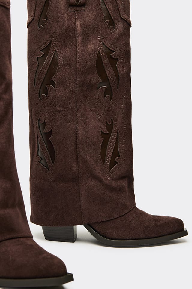 EGO EGO Women's Knee High Cut Out Faux Suede Block Heel Boots in Dark Brown - 2